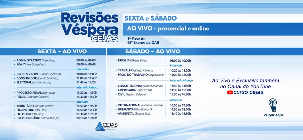 Banner Horarios Revisões de Véspera (1ª fase 45º exame)	