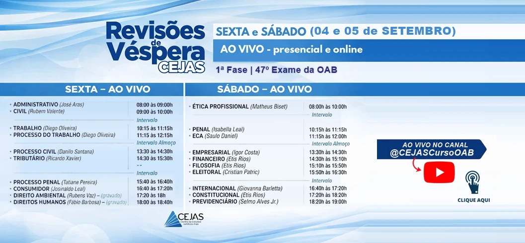 Revisões de Véspera - 1ª Fase 47º exame - HORARIOS